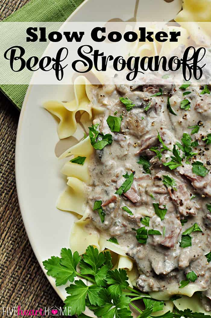  Slow Cooker Beef Stroganoff ~ this easy, comforting meal features tender beef and hearty mushrooms in a smooth sour cream sauce. Best of all, this Crockpot Beef Stroganoff recipe calls for NO canned condensed soup! | FiveHeartHome.com via @fivehearthome