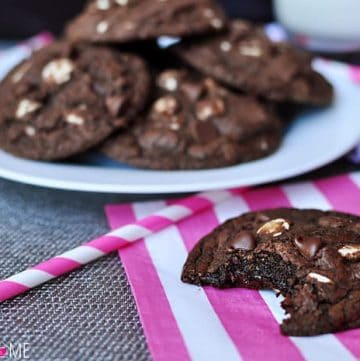 Triple Chocolate Fudge Cookies ~ intense chocolate flavor with chewy, gooey centers and two types of chocolate chips | FiveHeartHome.com