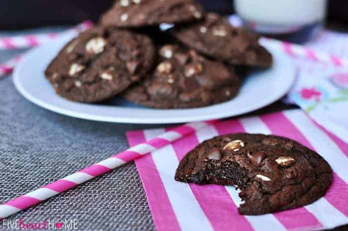 Triple Chocolate Fudge Cookies ~ intense chocolate flavor with chewy, gooey centers and two types of chocolate chips | FiveHeartHome.com