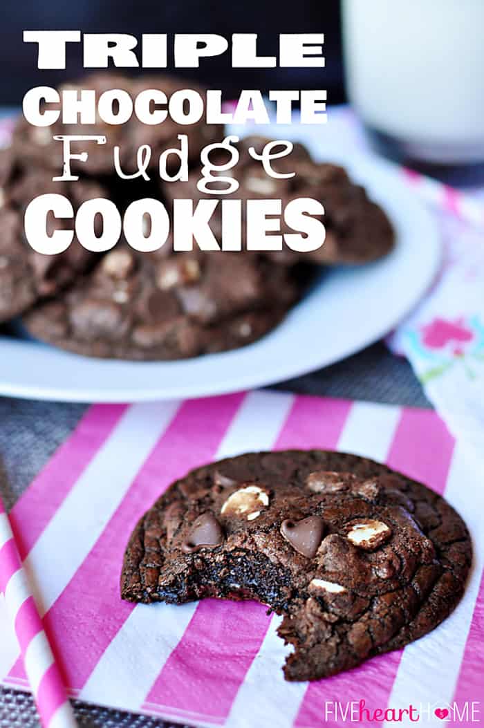 Triple Chocolate Fudge Cookies ~ intense chocolate flavor with chewy, gooey centers and two types of chocolate chips | FiveHeartHome.com