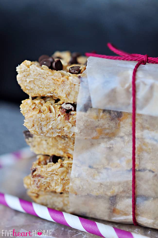 Stack of Chewy Granola Bars tied with twine.