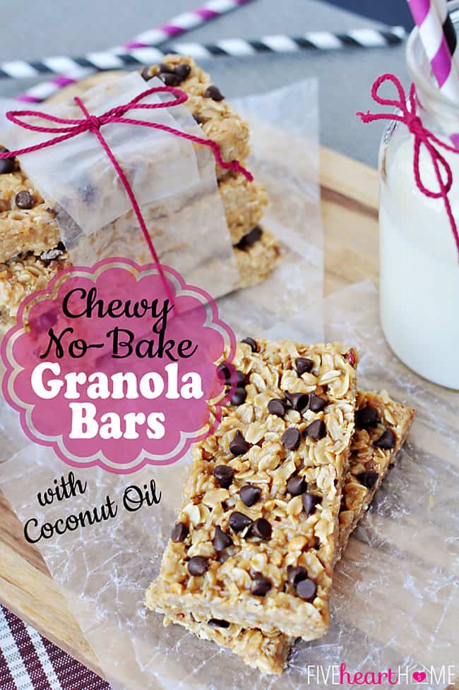 Chewy Granola Bars ~ featuring wholesome oats, your favorite type of nut butter, superfood coconut oil, and honey as a natural sweetener, these no-bake granola bars can be whipped up in a matter of minutes! | FiveHeartHome.com via @fivehearthome