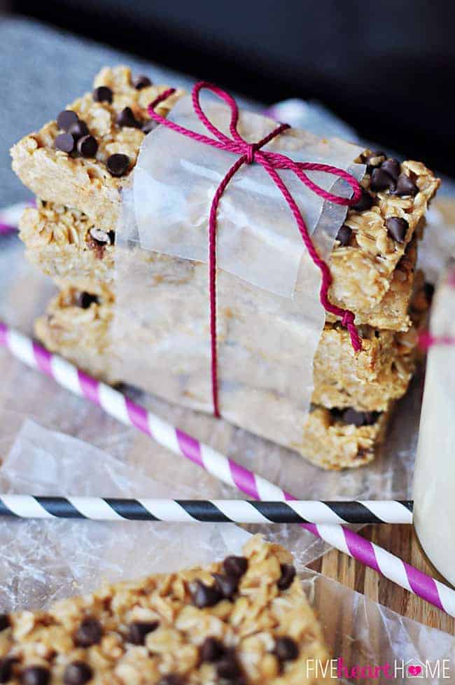 Stack of Chewy Granola Bars wrapped in wax paper and string.