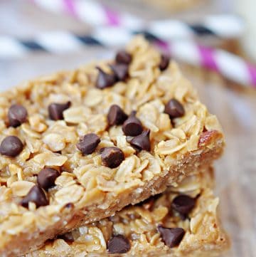 Close-up of two granola bars on table.