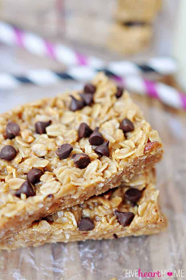 Close-up of two granola bars on table.