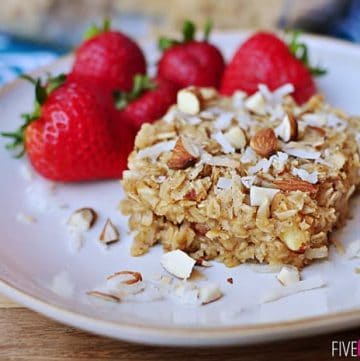 Coconut Almond Baked Oatmeal ~ a warm, nourishing breakfast that can be baked ahead of time and reheated on busy mornings | FiveHeartHome.com