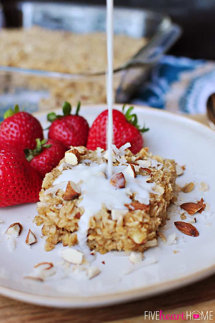 Coconut Almond Baked Oatmeal with a Drizzle of Warm Milk Served with Fresh Berries 