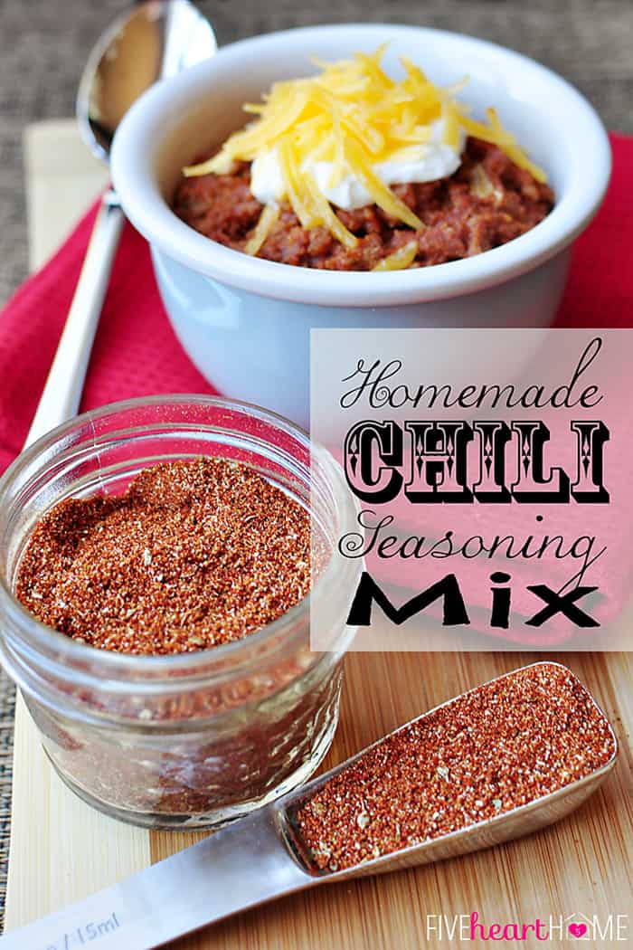 Homemade Chili Seasoning Mix ~ make your own Chili Mix in bulk to have on hand any time you want to whip up a quick pot of chili! Not only does it taste great, but since you control the ingredients, there are none of the icky preservatives that can be found in store-bought packets! | FiveHeartHome.com via @fivehearthome