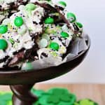 Leprechaun Bait ~ Chocolate Mint Cookie Bark with semisweet and white chocolate, Oreos, mint M&Ms, and mint chips | FiveHeartHome.com