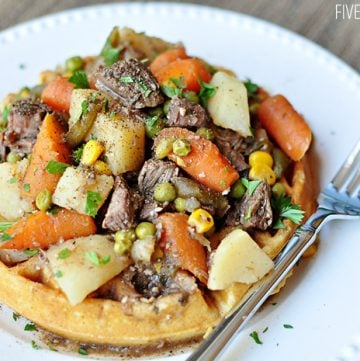 Slow Cooker Balsamic & Herb Beef Stew with Cornbread Waffles | FiveHeartHome.com