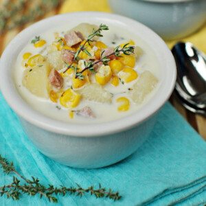Slow Cooker Corn & Potato Chowder with Ham in bowl.