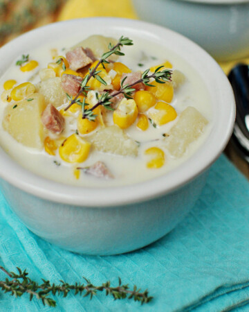 Slow Cooker Corn & Potato Chowder with Ham in bowl.