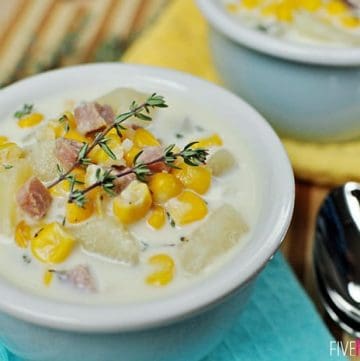 Slow Cooker Corn and Potato Chowder with Ham | FiveHeartHome.com