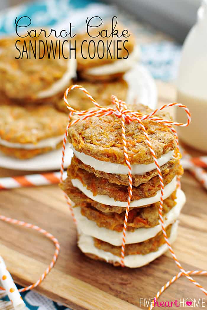 Carrot Cake Sandwich Cookies ~ mini carrot cake whoopie pies filled with cream cheese frosting make an easy, hand-held Easter dessert | FiveHeartHome.com via @fivehearthome