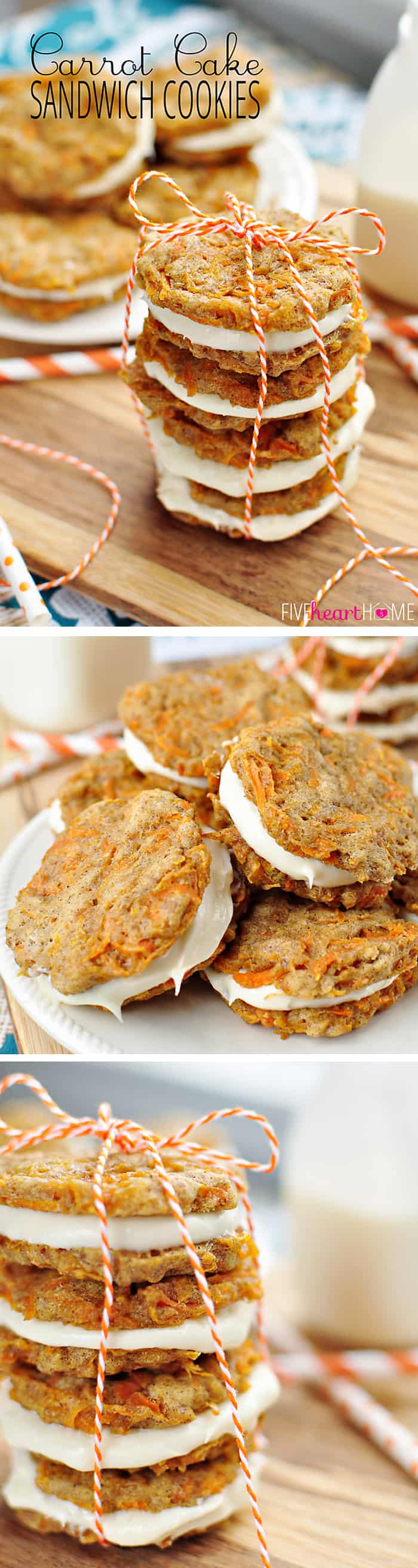 Carrot Cake Cookies ~ mini carrot cake whoopie pies, or sandwich cookies, are filled with cream cheese frosting make an easy, hand-held spring or Easter dessert! | FiveHeartHome.com via @fivehearthome