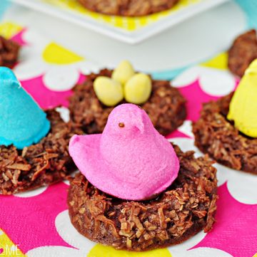 Chocolate Bird's Nest Cookies ~ chocolate coconut macaroon nests topped with Peeps chicks and mini chocolate eggs | FiveHeartHome.com
