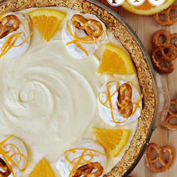 Frozen Orange Creamsicle Pie with a Pretzel Crust | FiveHeartHome.com