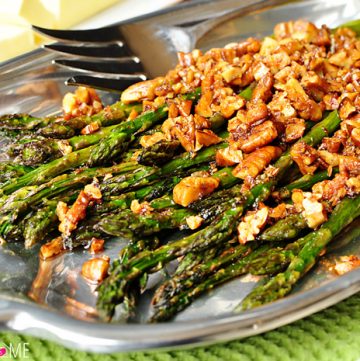 Roasted Asparagus with Brown Butter Pecans ~ a delicious spring side dish that would be perfect for Easter | FiveHeartHome.com