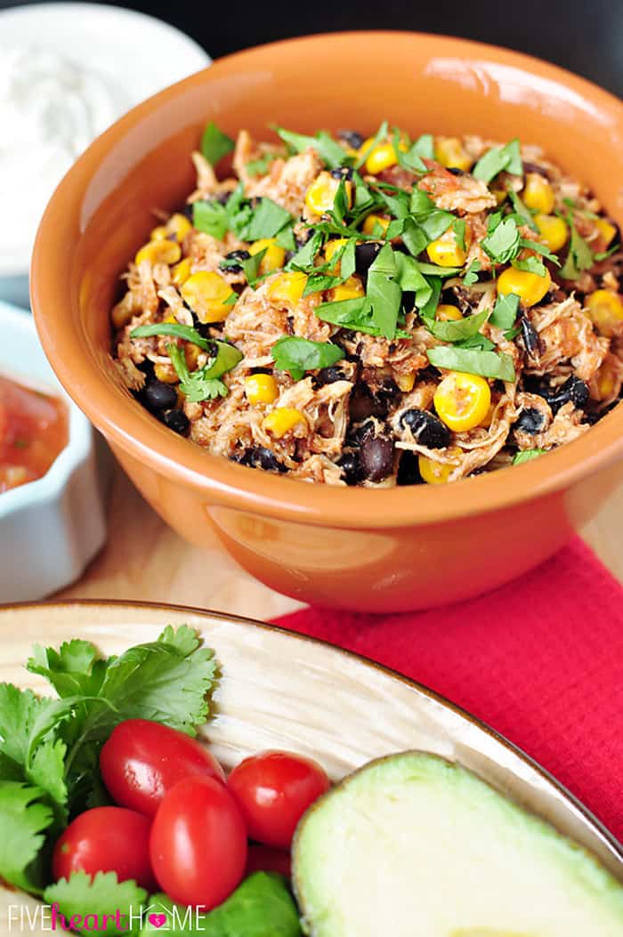Bowl of Slow Cooker Chicken Tacos filling.