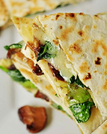 Spinach and Mushroom Quesadillas with Avocado and Pepper Jack Cheese ~ meatless dinner idea for Lent or any night | FiveHeartHome.com
