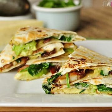 Spinach and Mushroom Quesadillas with Avocado and Pepper Jack Cheese ~ meatless dinner idea for Lent or any night | FiveHeartHome.com