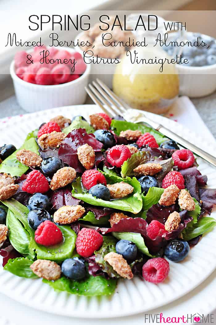 Spring Salad with Mixed Berries, Candied Almonds, and Honey Citrus Vinaigrette ~ a beautiful, delicious salad with vibrant flavors and varied textures | FiveHeartHome.com