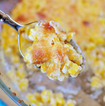 Easy Creamed Corn with Parmesan ~ creamy, decadent corn topped with Parmesan and baked until bubbly | FiveHeartHome.com