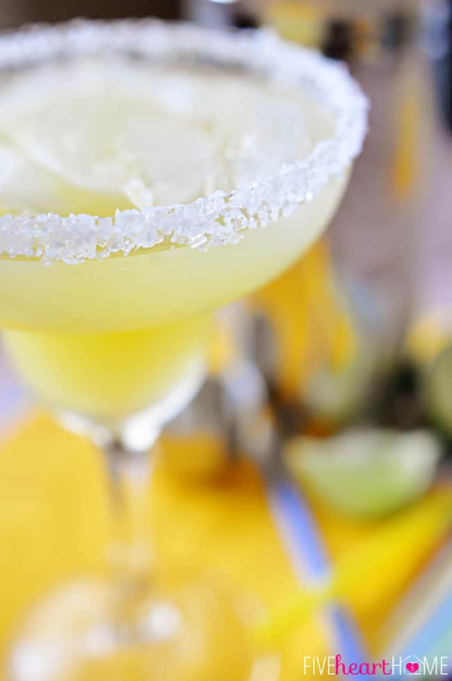 Close-up of salted rim of Pineapple Margarita.