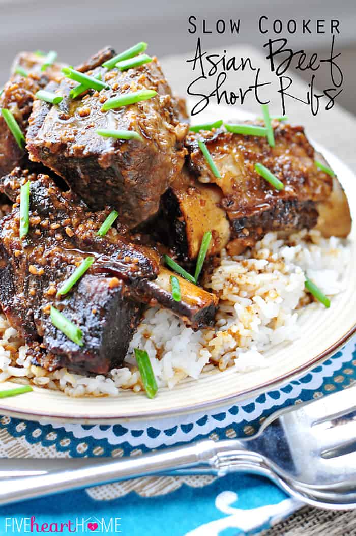 Slow Cooker Asian Beef Short Ribs ~ tender, savory beef from the crock pot, flavored with garlic, ginger, and sesame oil | FiveHeartHome.com via @fivehearthome