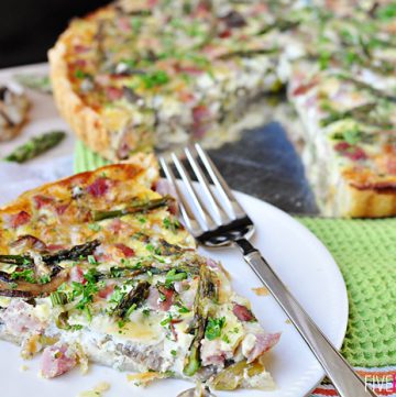 Springtime Asparagus Tart ~ with ham, mushrooms, Swiss, and a buttery crust | FiveHeartHome.com