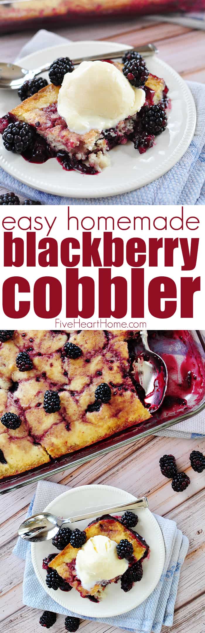 Easy Blackberry Cobbler ~ this from-scratch, scrumptious summer dessert recipe features plump, tart blackberries ribboned through a layer of sweet, tender cake! | FiveHeartHome.com via @fivehearthome