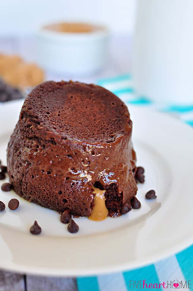 Chocolate Peanut Butter Mug Cake overturned on plate.