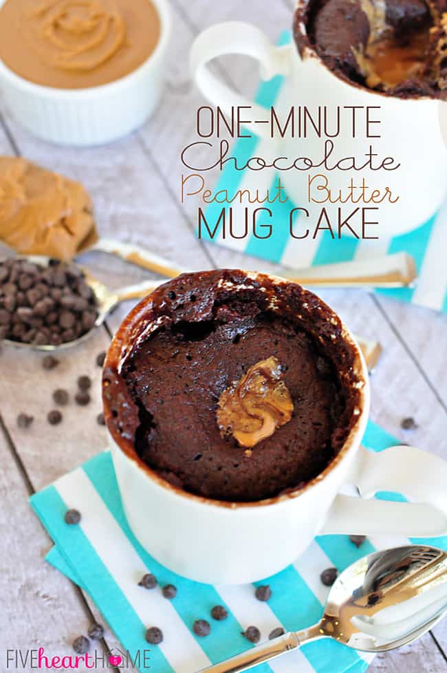 One-Minute Chocolate Peanut Butter Mug Cake with text overlay.