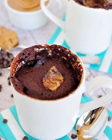 One-Minute Chocolate Peanut Butter Mug Cake | FiveHeartHome.com