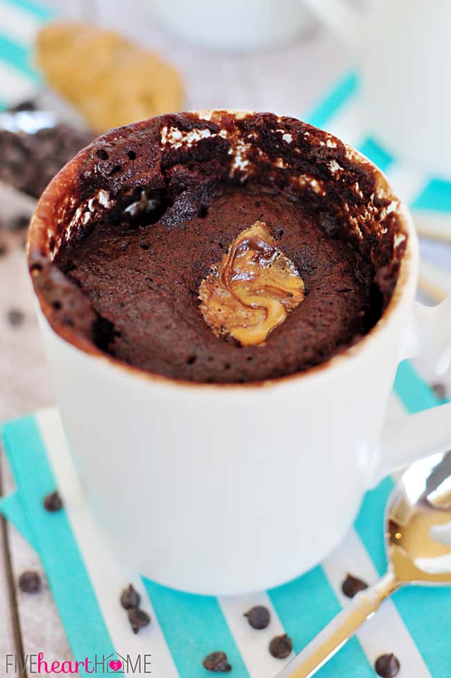 Close-up of Chocololate Peanut Butter Mug Cake in white mug.