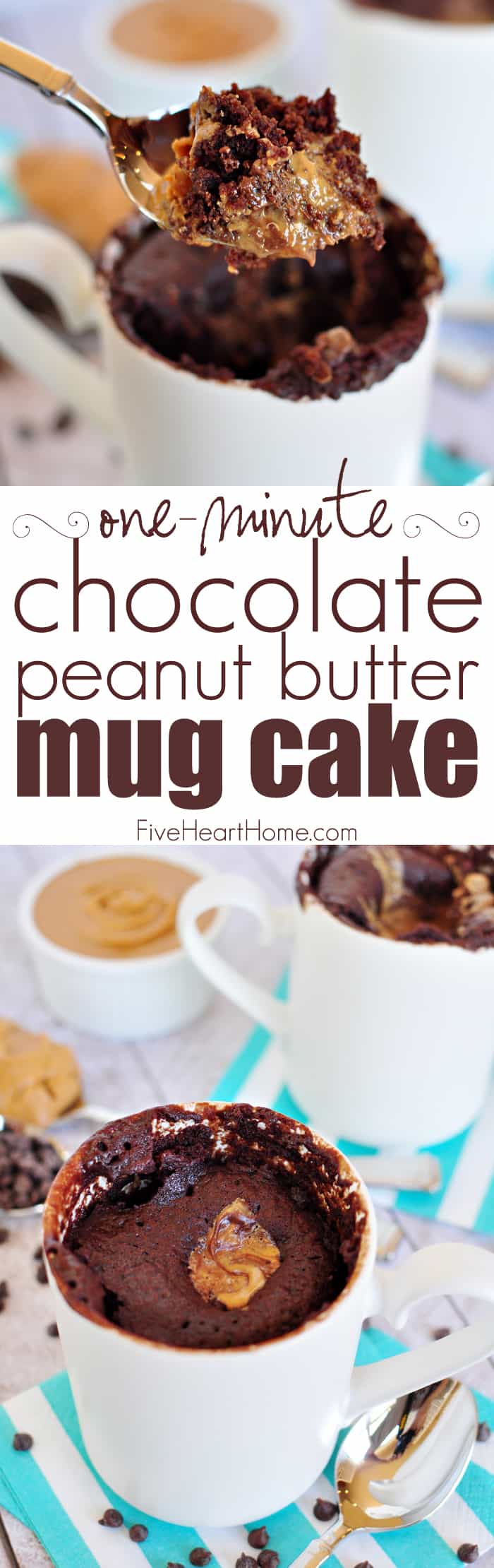 Chocolate Peanut Butter Mug Cake ~ moist chocolate cake with a molten peanut butter center bakes up in a microwaved mug in just one minute! | FiveHeartHome.com via @fivehearthome