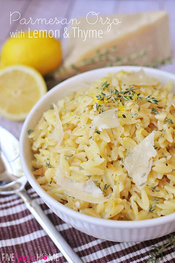 Parmesan Orzo with Lemon & Thyme ~ a summer side dish showcasing creamy orzo pasta infused with the flavors of Parmesan cheese, lemon zest, and fresh thyme! | FiveHeartHome.com via @fivehearthome