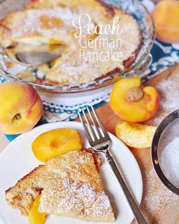 Peach German Pancake (Dutch Baby) ~ golden, puffy, and piping hot skillet pancake studded with peaches | FiveHeartHome.com