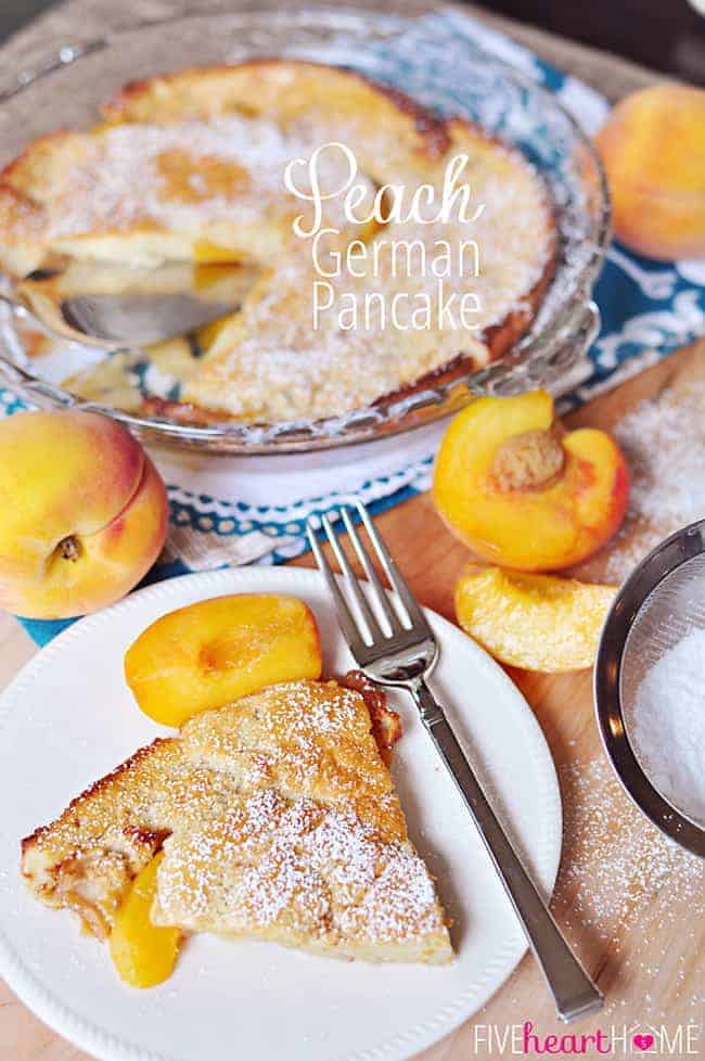 With a batter that comes together in the blender, this Peach German Pancake is studded with sweet peaches and baked until golden and puffy! | fiveheartshome.com via @fivehearthome