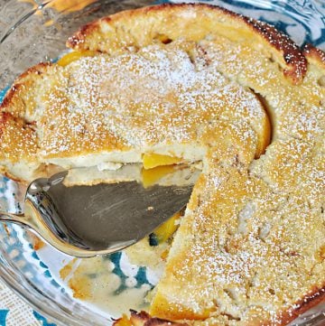 Peach German Pancake in baking dish.