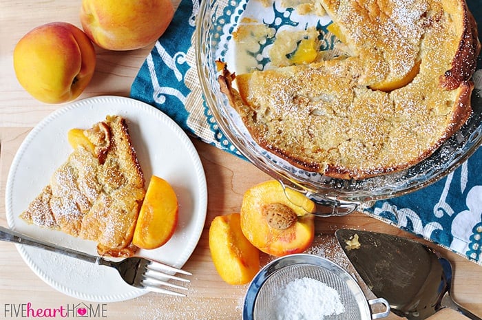 Peach German Pancake (Dutch Baby) ~ golden, puffy, and piping hot skillet pancake studded with peaches | FiveHeartHome.com Aerial view of Peach German Pancake (Dutch Baby) in baking dish and on plate.