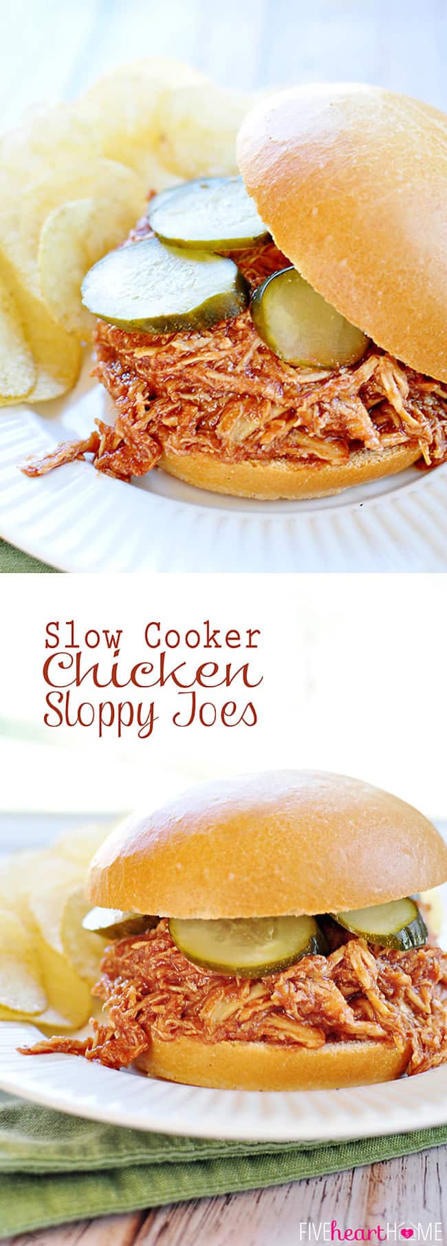 Slow Cooker Chicken Sloppy Joes ~ juicy shredded chicken meets homemade sauce in these effortless sandwiches | FiveHeartHome.com via @fivehearthome