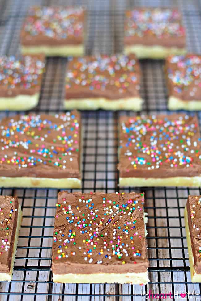 Sugar Cookie Bars with Chocolate Buttercream Cut and on Cooling Rack