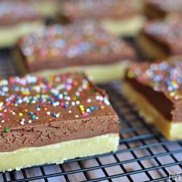 Sugar Cookie Bars with Chocolate Buttercream ~ bars are quicker to make than individual cookies, and decadent frosting puts them over the top! | FiveHeartHome.com