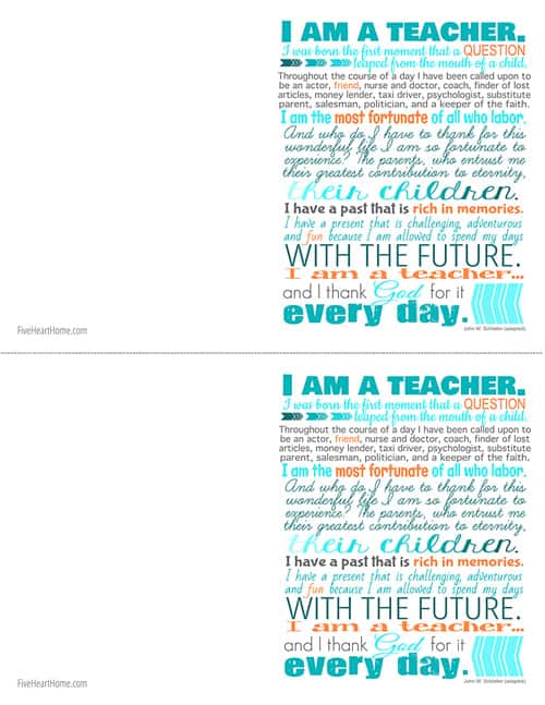 Teacher Appreciation Free Printables ~ 8x10" print, note cards, and gift tags | FiveHeartHome.com