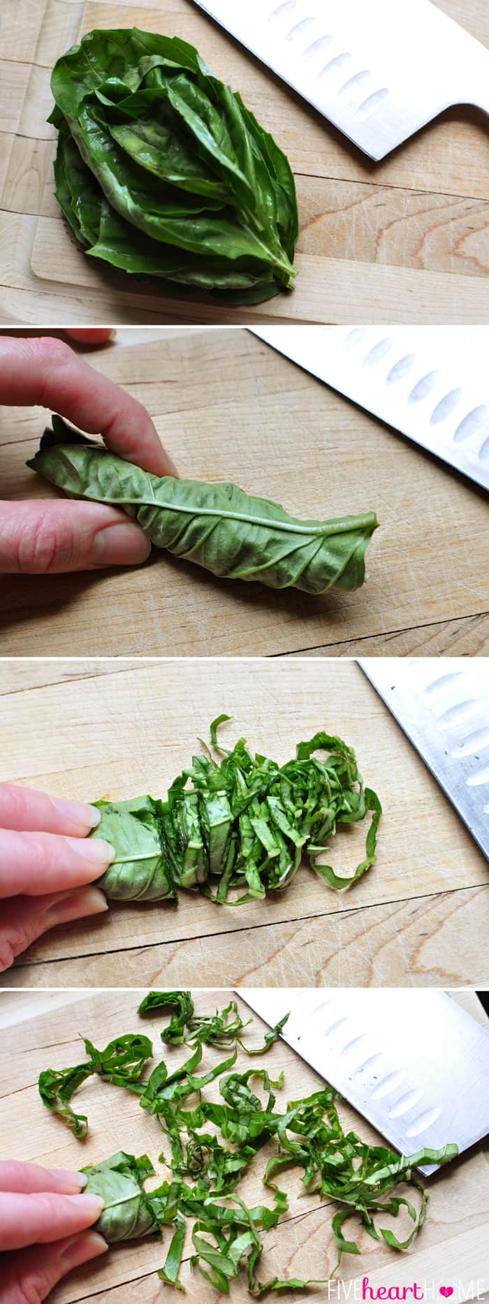 Step-by-step on how to Chiffonade Basil 