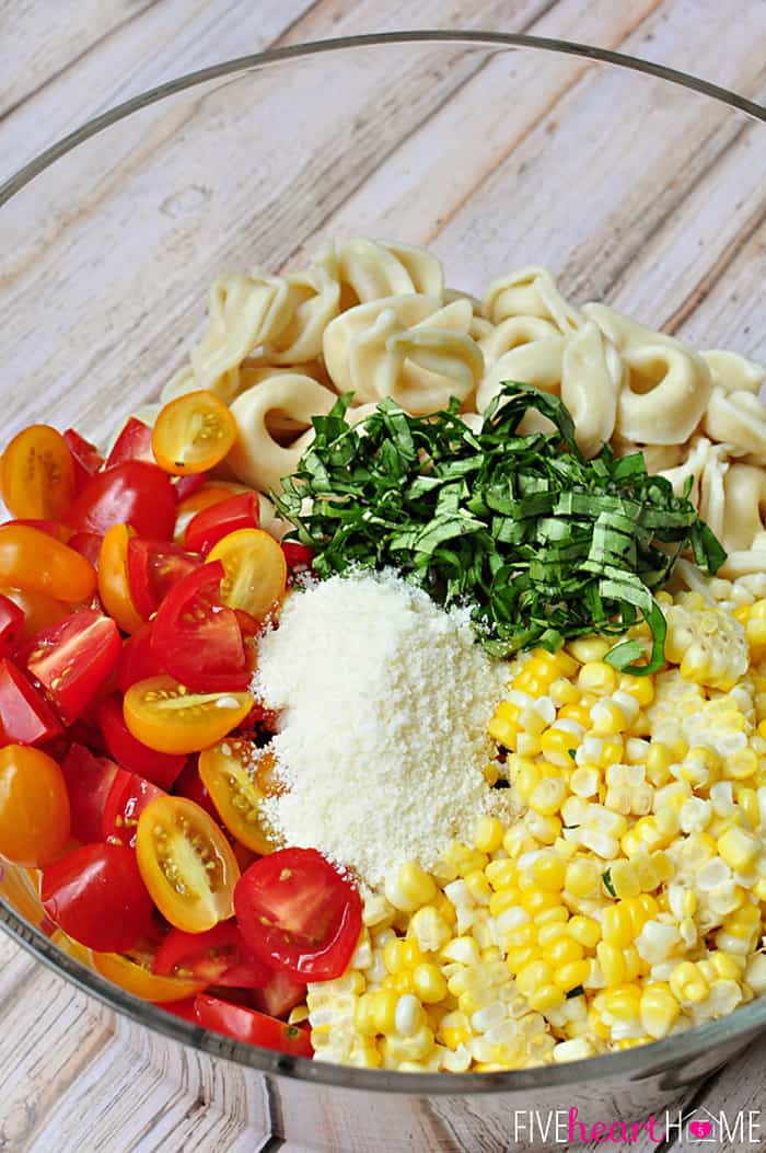 Each Ingredient in a Glass Serving Bowl Before it is Tossed Together 