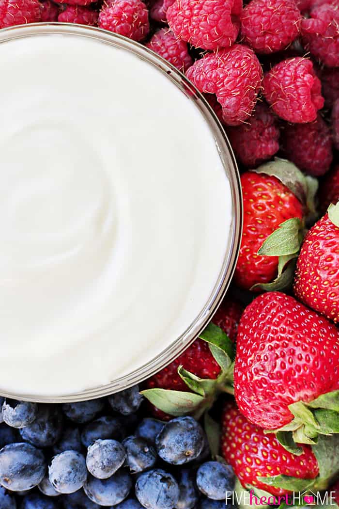 Aerial View Swirled in a Glass Serving Bowl Surrounded by Fresh Berries 