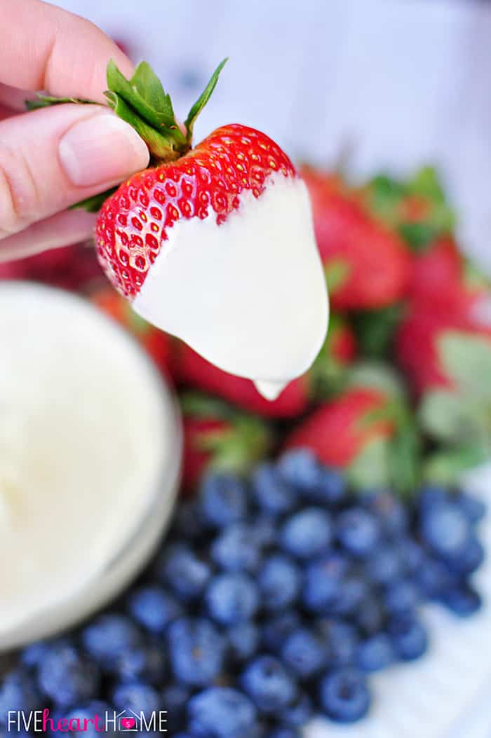 White Chocolate Cheesecake Fruit Dip ~ quick to make and quicker to disappear, this will become your new favorite fruit dip! | FiveHeartHome.com Strawberry Just Dipped in White Chocolate Cheesecake Fruit Dip