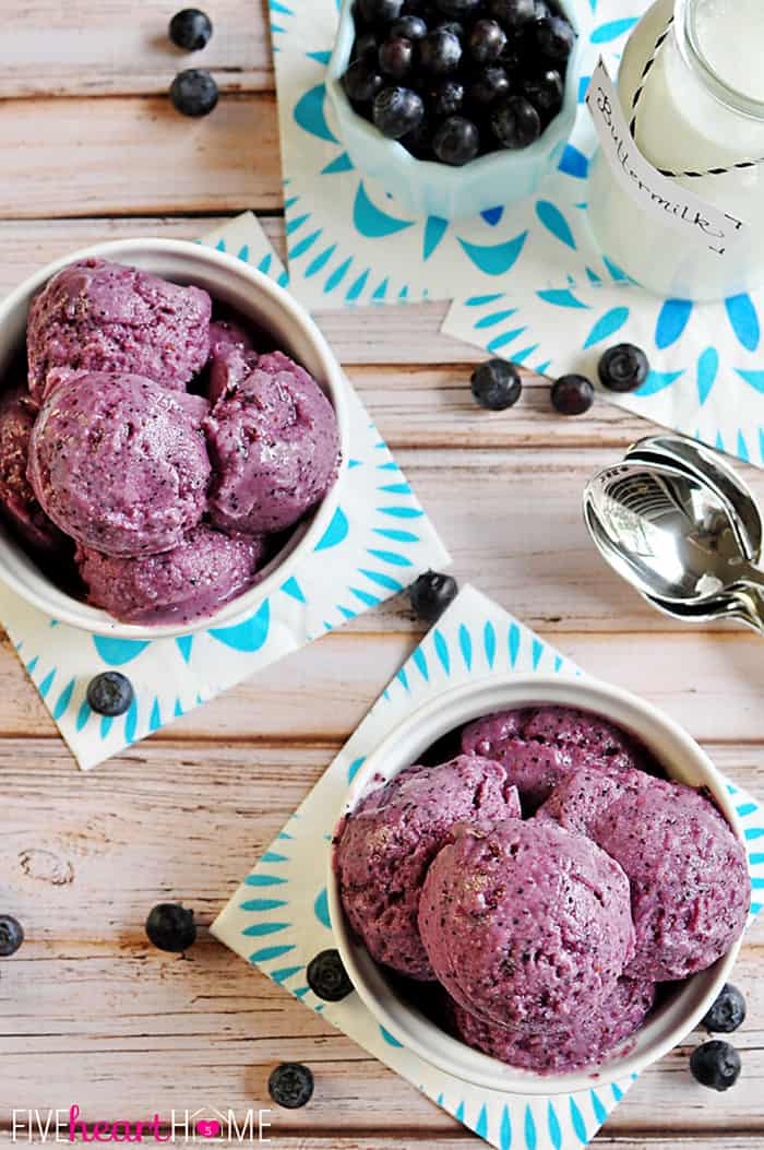 Aerial View of Two Bowls Filled with Blueberry Buttermilk Sherbet 